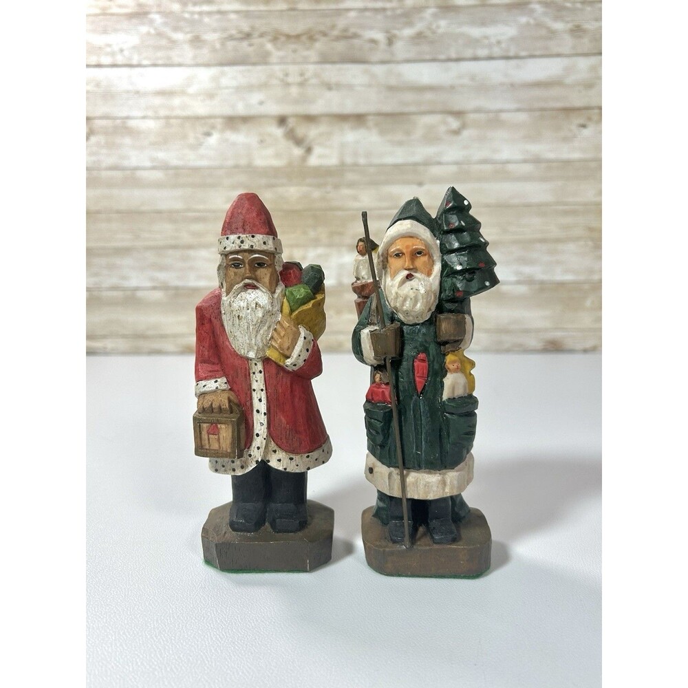 Rustic Faux Carved Wood Resin Santa Father Christmas with Tree & Dolls Figures